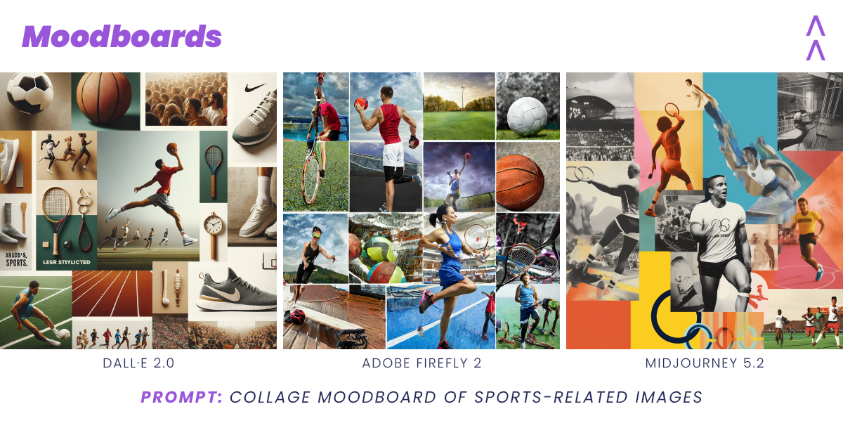 Three examples of the capability of three AI image generation platforms to create a sports-related moodboard