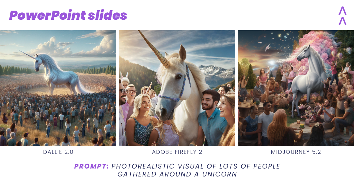 Three examples of AI generated PowerPoint slides based on prompts to create a photorealistic visual of lots of people gathered around a unicorn