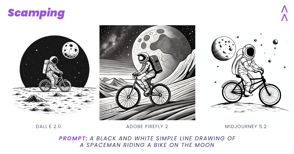 Three examples of scamps generated by AI, based on a prompt that instructs the platforms to create a black and white simple line drawing of a spaceman riding a bike on the moon