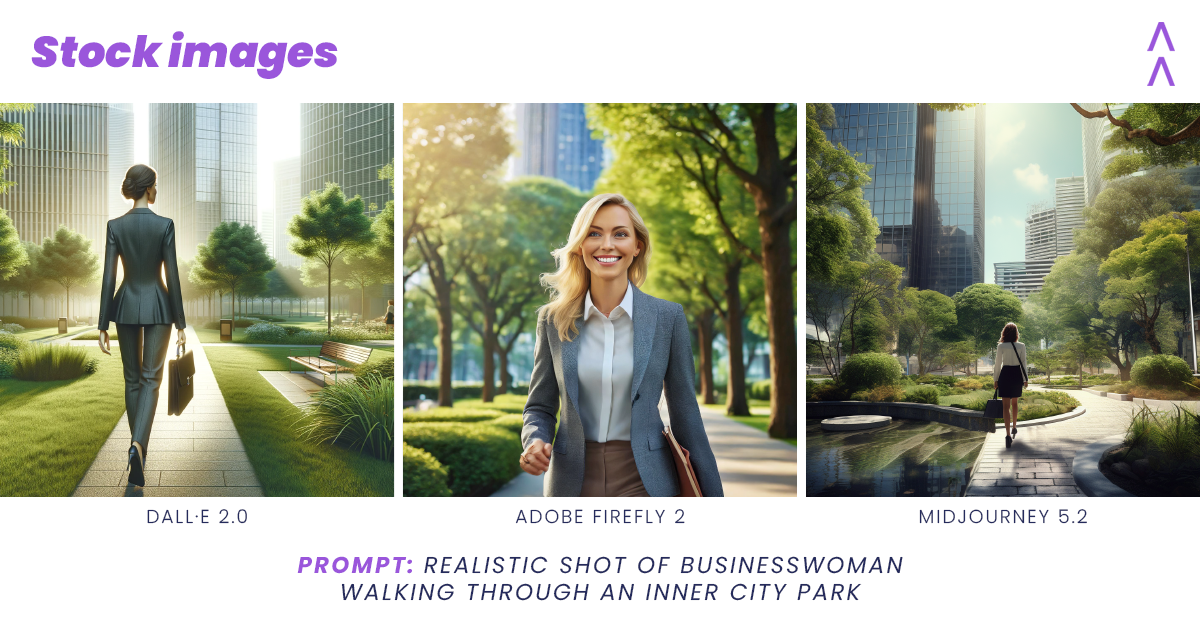 Three AI-generated stock images of a realistic shot of a businesswoman walking through an inner-city park